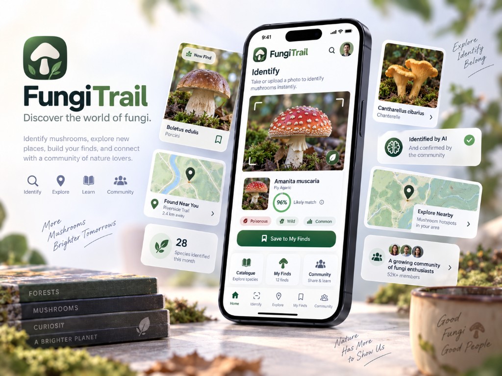 Predogled aplikacije FungiTrail s prepoznavo gob in naravnimi motivi